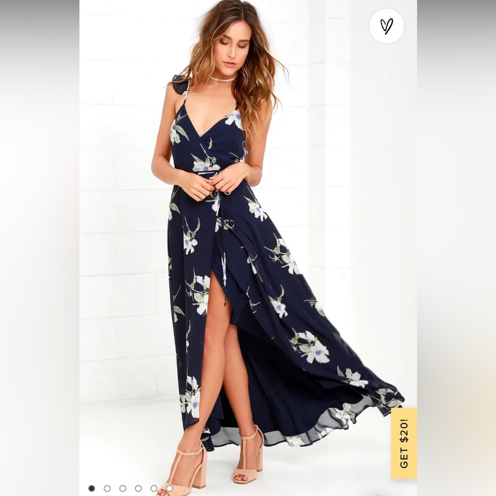 Lulus All Mine Navy Blue Floral Print High-low Wrap Dress